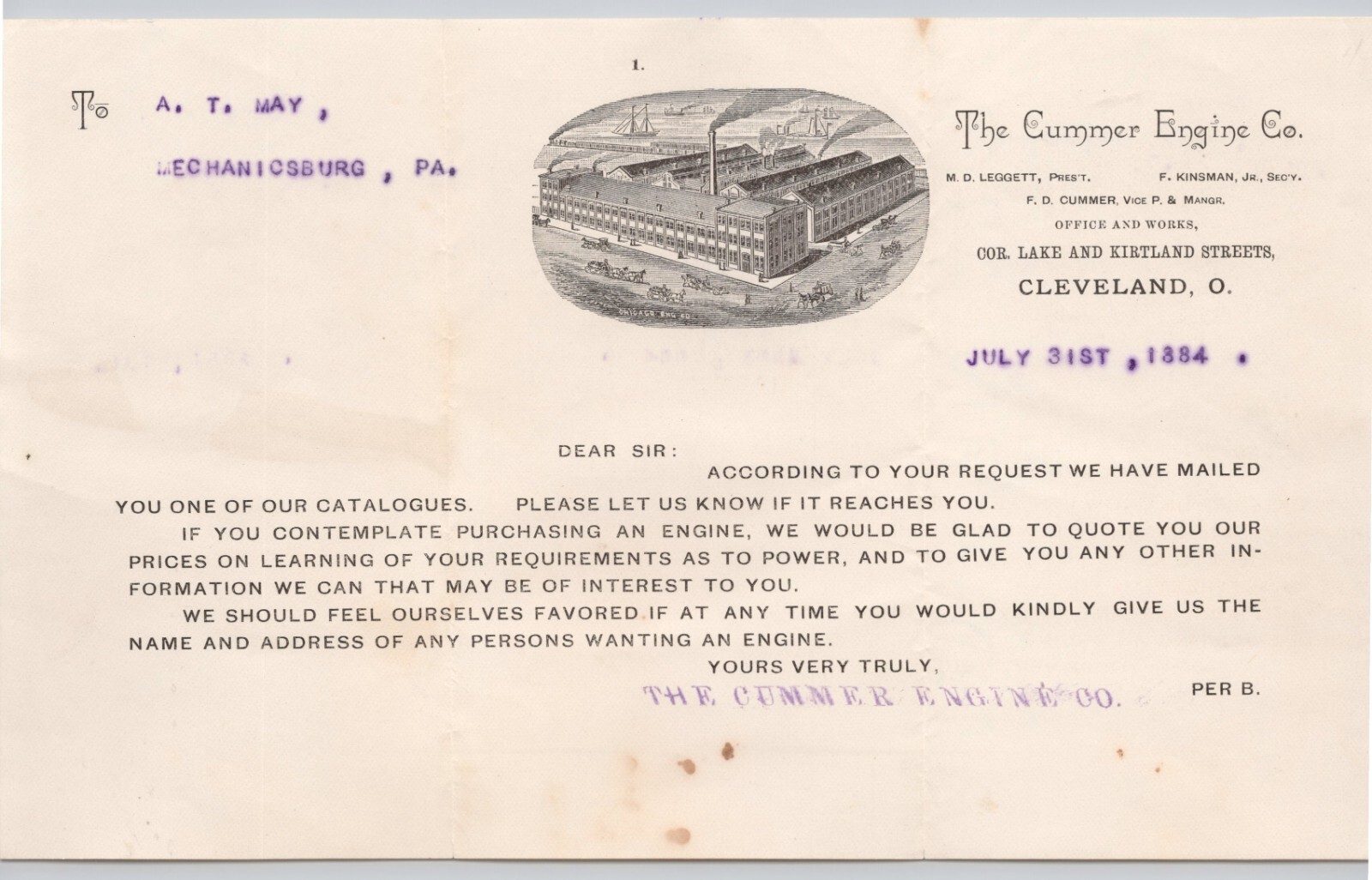 1884 Cummer Engine Co Cleveland OH Ohio Illustrated Letterhead BH3-92