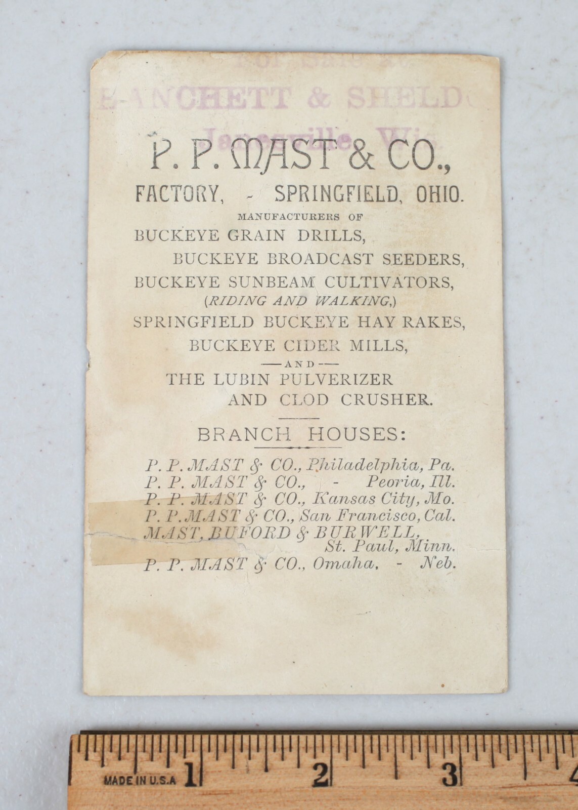 Vintage Farm Equipment Victorian Trade Card P.P. Mast & Co. Seeders Cultivators