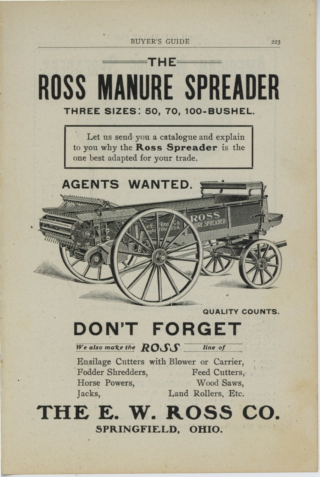 1905 E.W. Ross Co. Manure Spreader, Springfield, OhiO Ad: REV is American Harrow