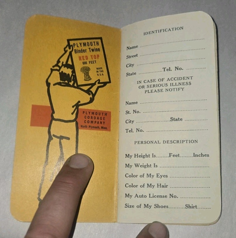 Plymouth Binder Twine Advertising Pocket Calender Notebook Possibly 1937 / 1938