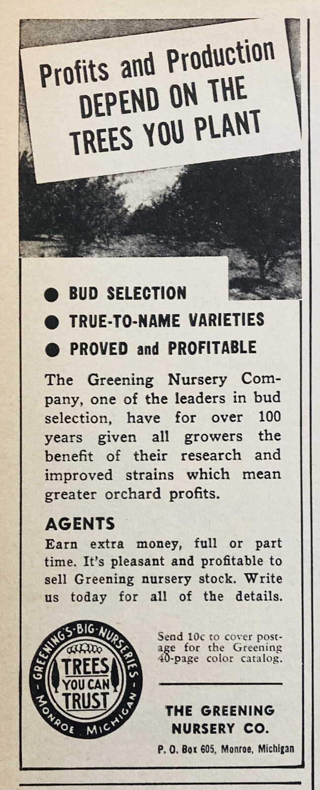 1958 AD.(XF23)~THE GREENING NURSERY CO. MONROE, MI. GREENING TREE STOCK