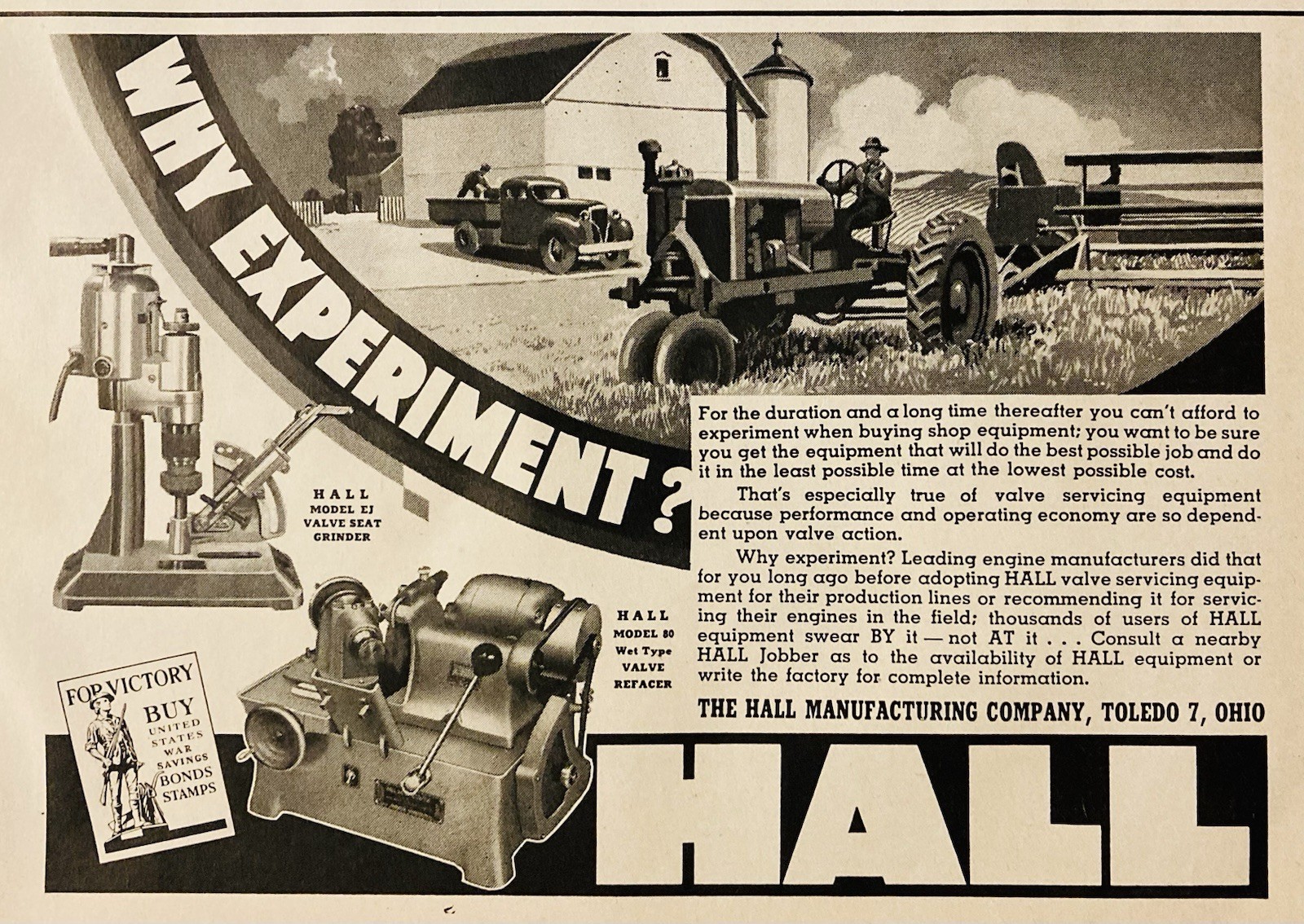 1944 AD.(PC5)~HALL MFG. CO. TOLEDO, OHIO. HALL VALVE SERVICING EQUIPMENT