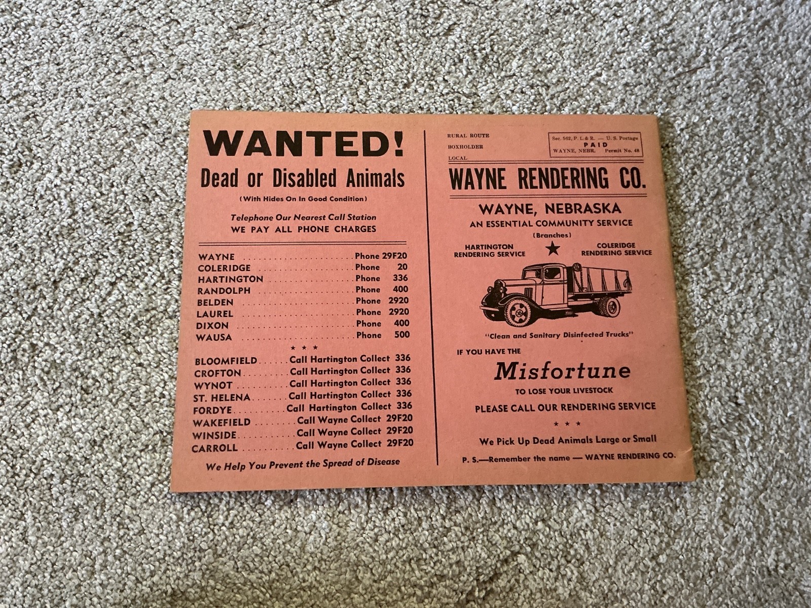 Vtg. 1947 Farm Acct. Record Book – Wayne Rendering Co. Wayne, NE.
