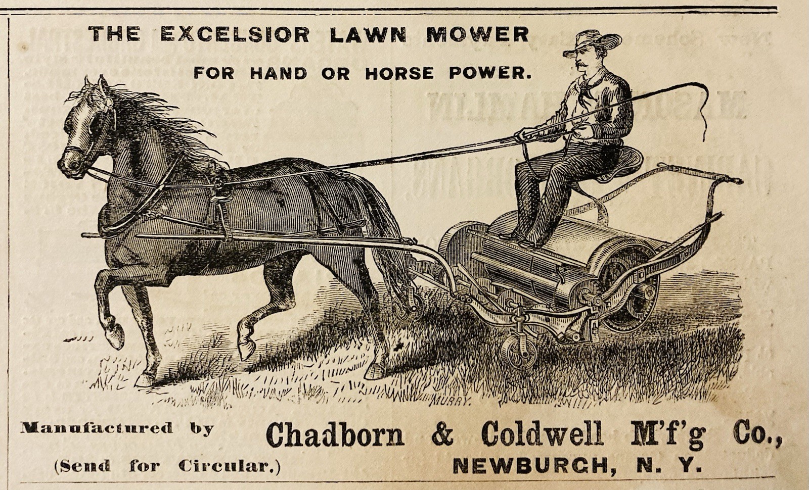 1874 AD.(PC6)~CHADBORN & COLDWELL MFG. CO. NEWBURGH, NY. EXCELSIOR LAWN MOWER