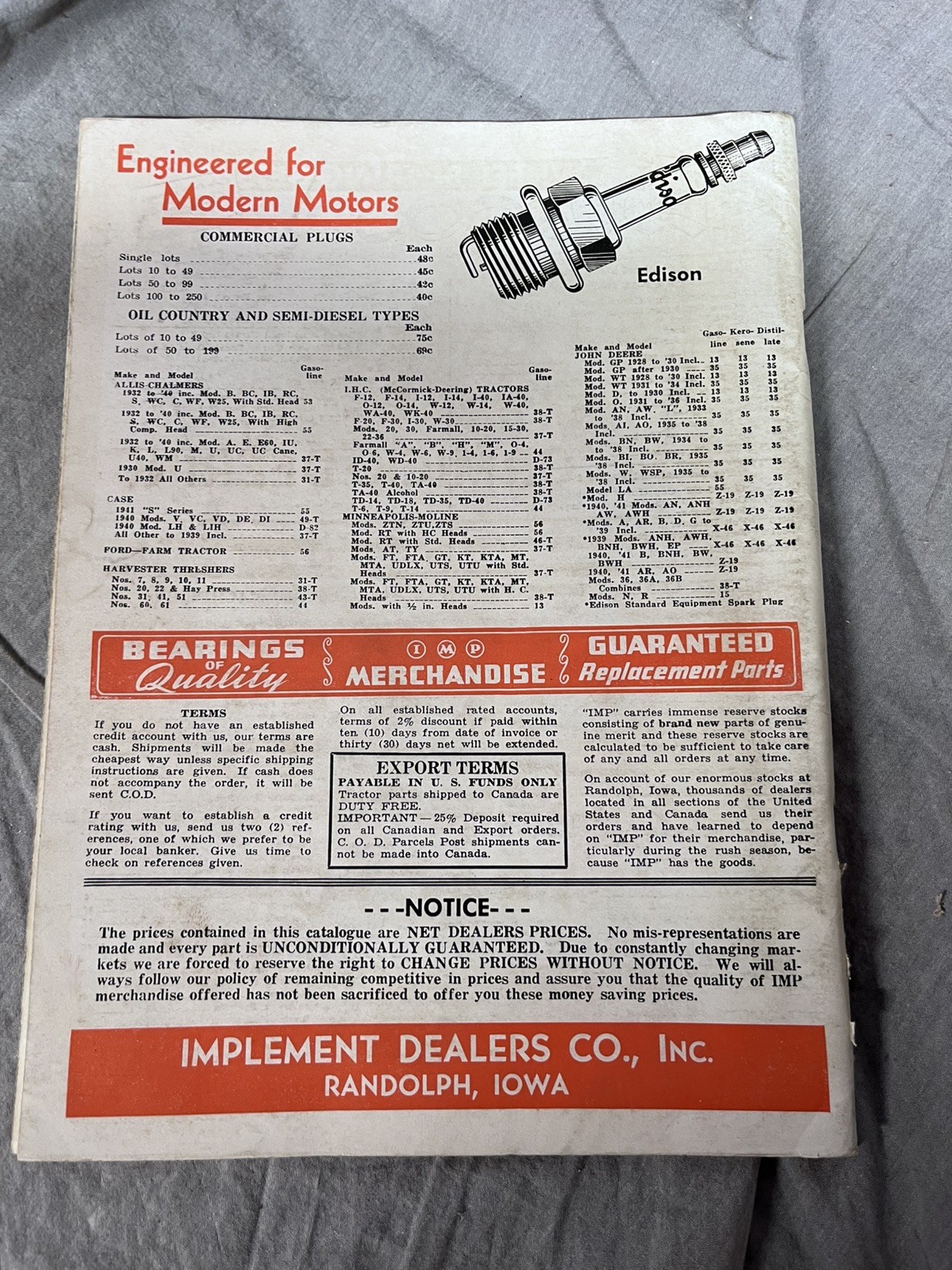 VTG 1949 Implement Dealers Co. Catalog RANDOLPH IA Tractor Truck Parts DEVIL IMP