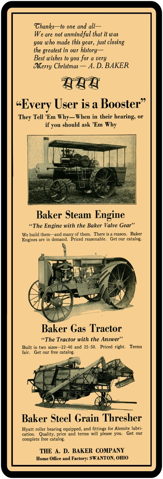 A.D. Baker Tractors Sign: 8&Prime; x 24&Prime; USA STEEL XL Size – 3 LBs – Free Shipping