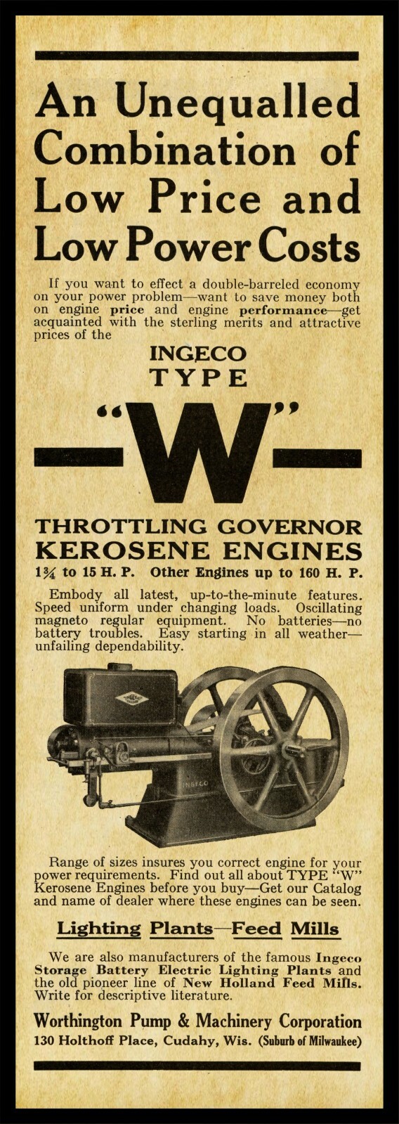 1917 INGECO Gas Engines of Cudahy, Wisconsin New Metal Sign: 6&Prime; x 18&Prime; Long