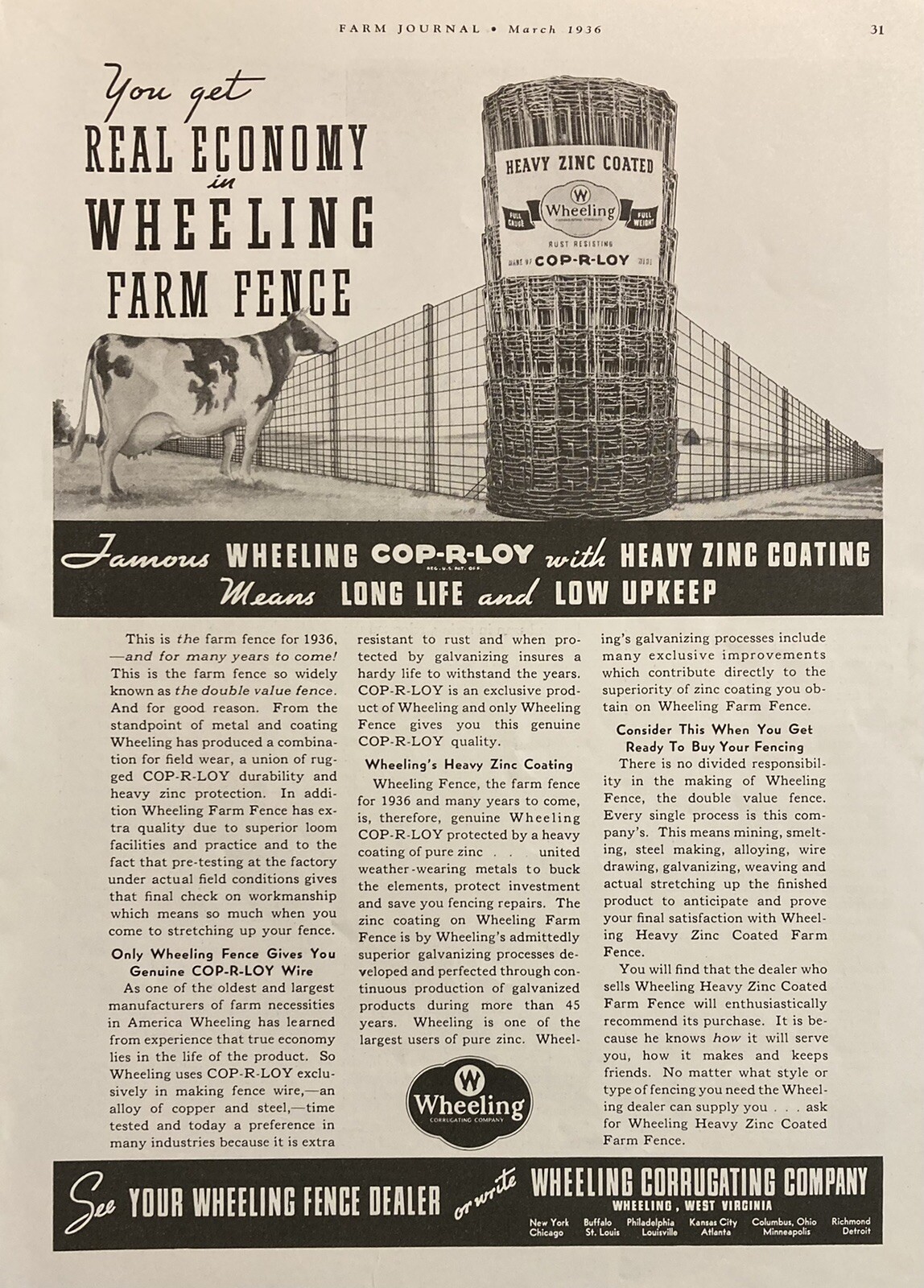 1936 AD.(XH61)~WHEELING CORRUGATING CO. WHEELING, W. VA. COP-R-LOY ZINC FENCING