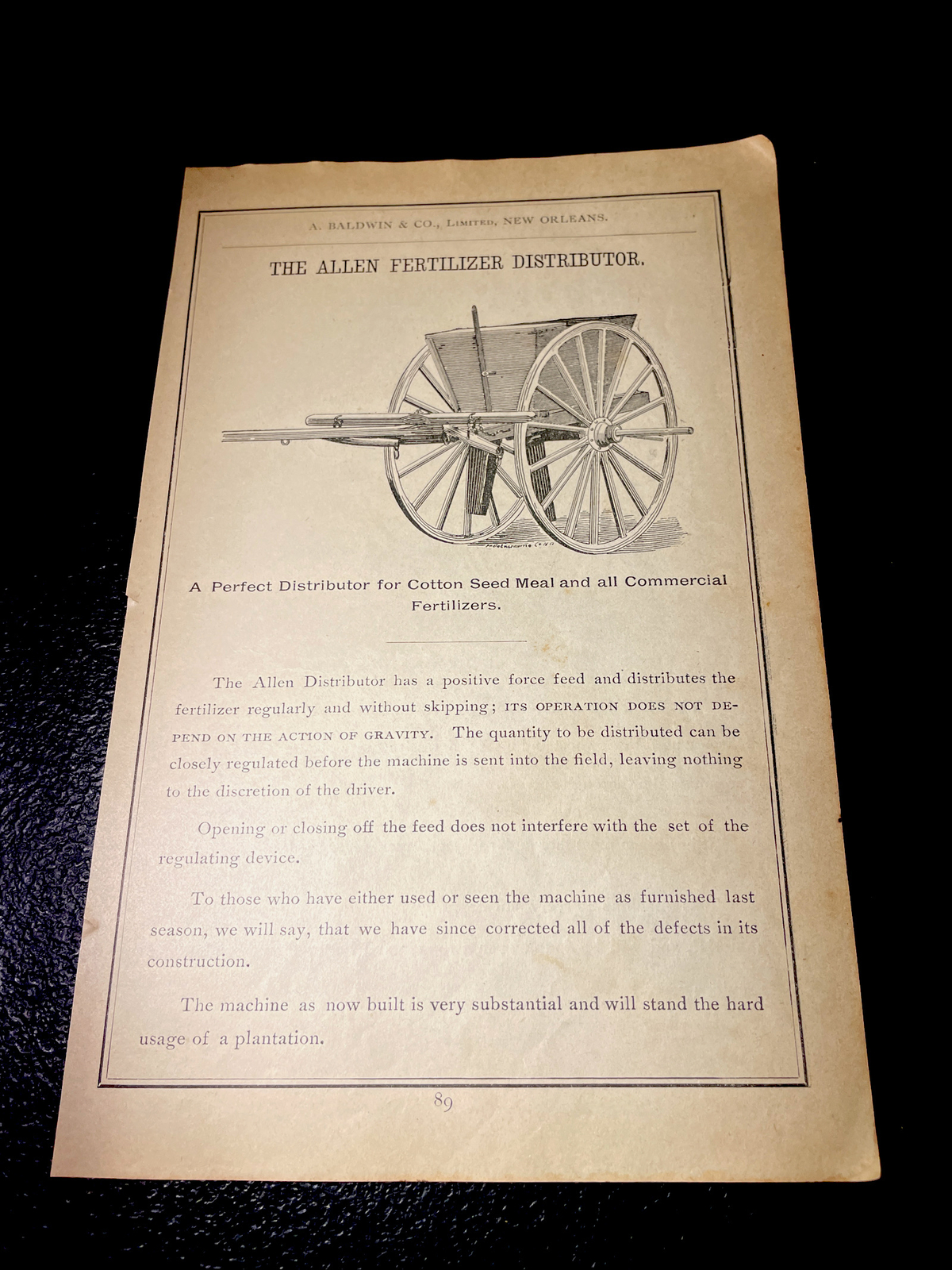 1891 Baldwin – Allen Fertilizer Distributor Farm Advertising – New Orleans