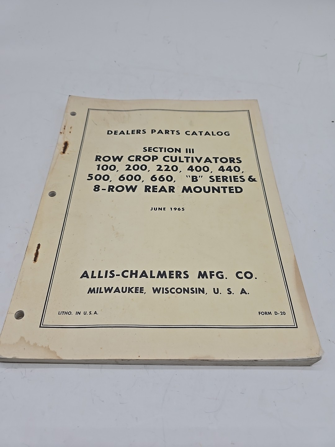 ALLIS CHALMERS DEALERS PARTS CATALOG ROW CROP CULTIVATORS REAR MOUNTED 1965