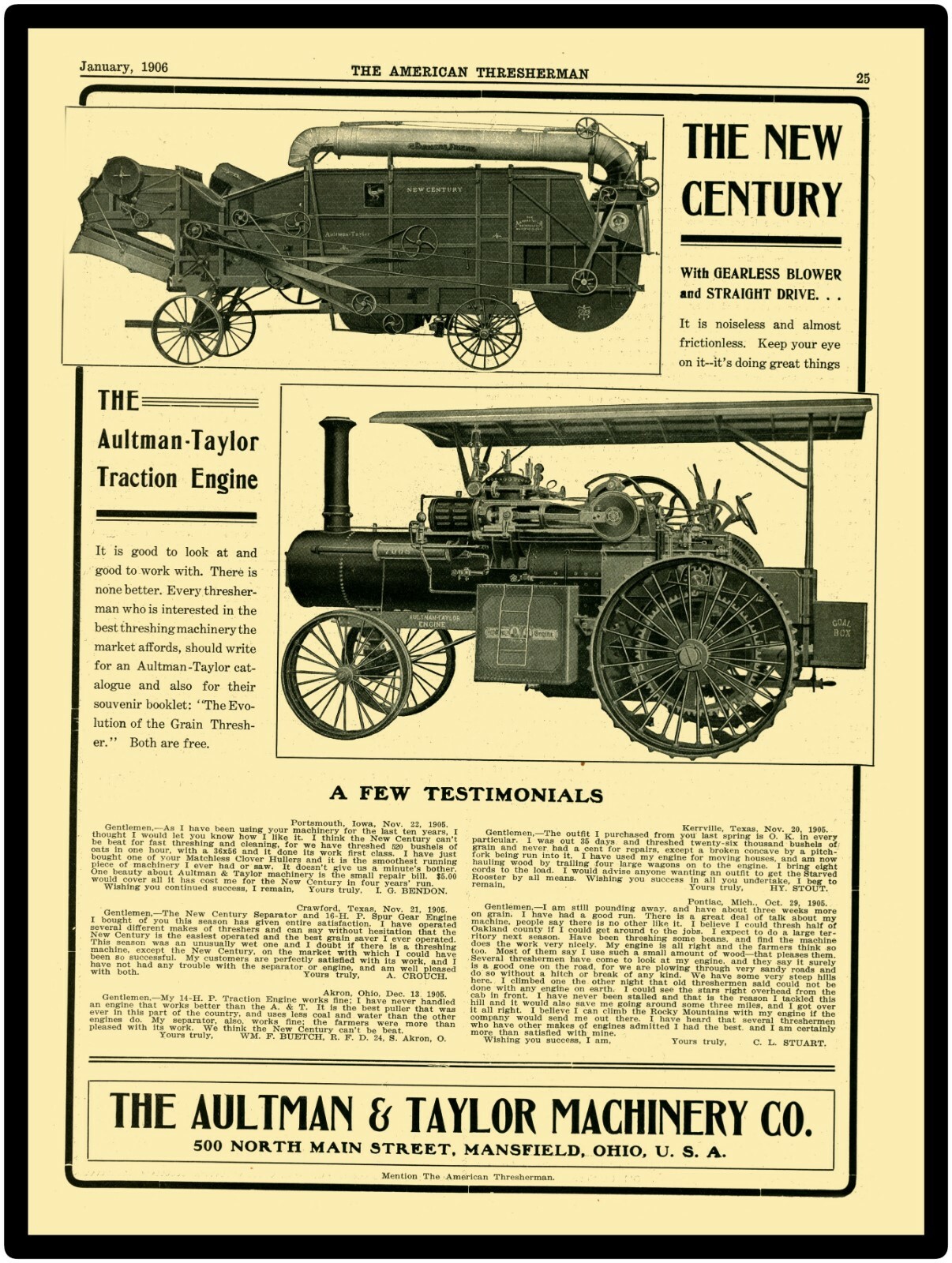 Vtg. Look 1906 Aultman Taylor New Metal Sign: New Century + Traction Engine