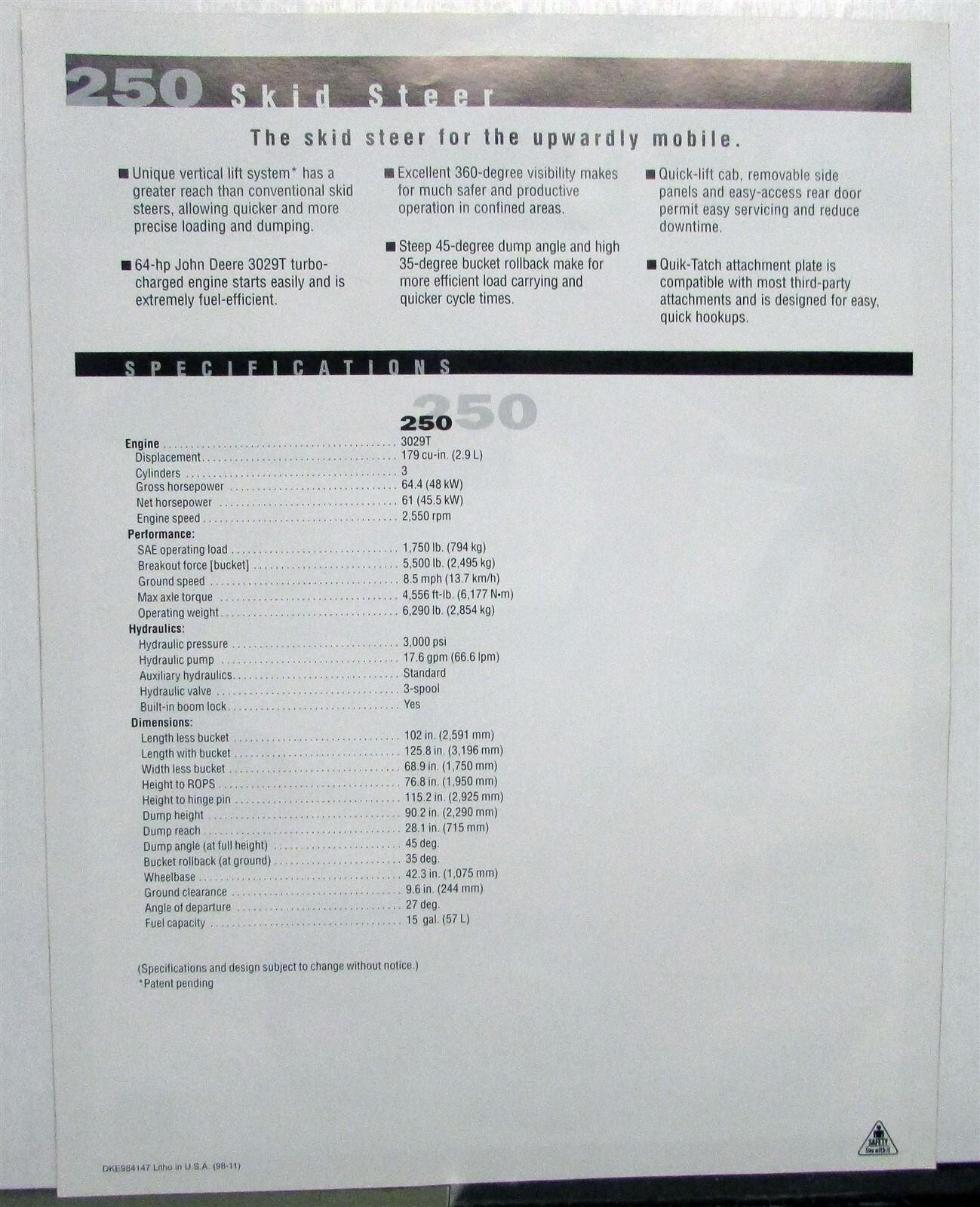 1999 John Deere 250 Skid Steer Specifications Construction Brochure