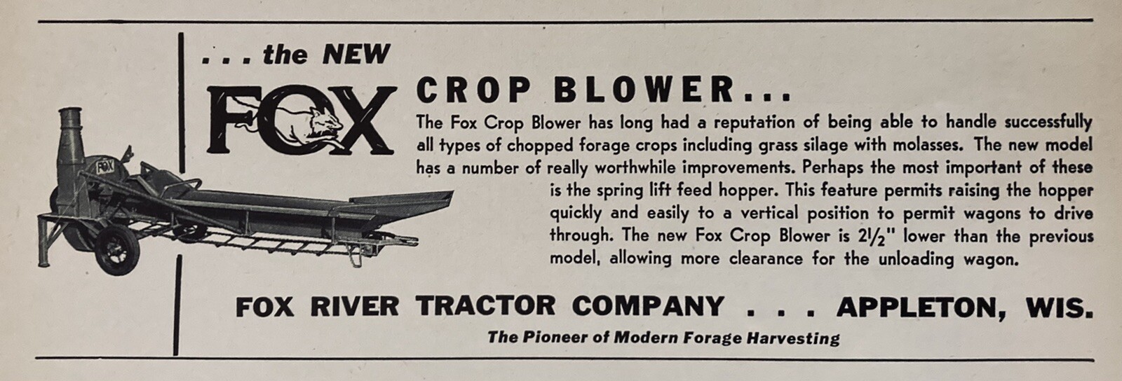 1953 AD.(XH21)~FOX RIVER TRACTOR CO. APPLETON, WIS. FOX CROP BLOWER
