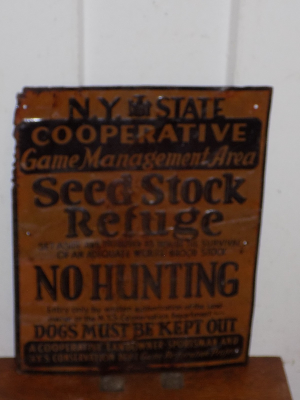 Vintage NY State Game Management Area Seed Stock Embossed Metal Sign