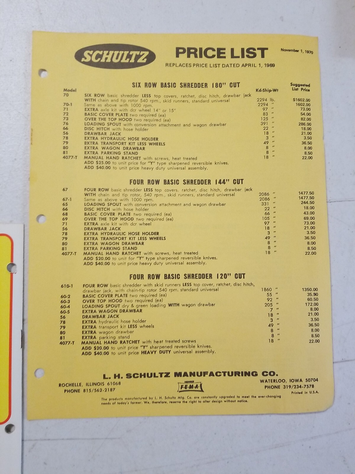Vintage 1970 L.H. SCHULTZ Mfg Co GENERAL MANURE SHREDDER CHOPPER BROCHURE PRICES