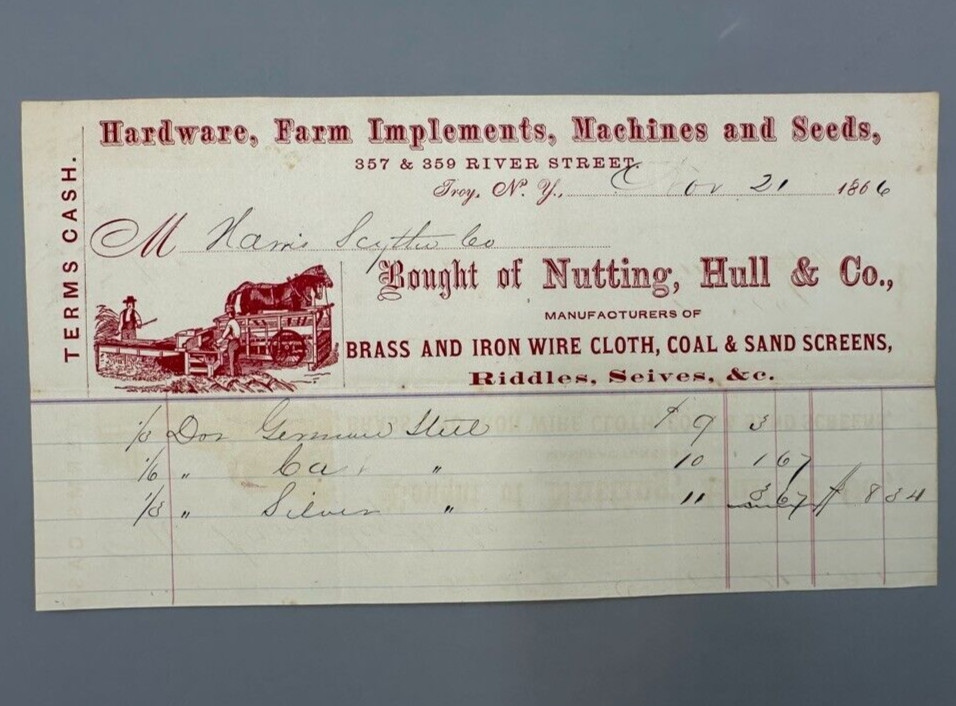 1866 FARM Machinery HARDWARE Seeds TROY NY Advertising Billhead Nutting Hull Inv