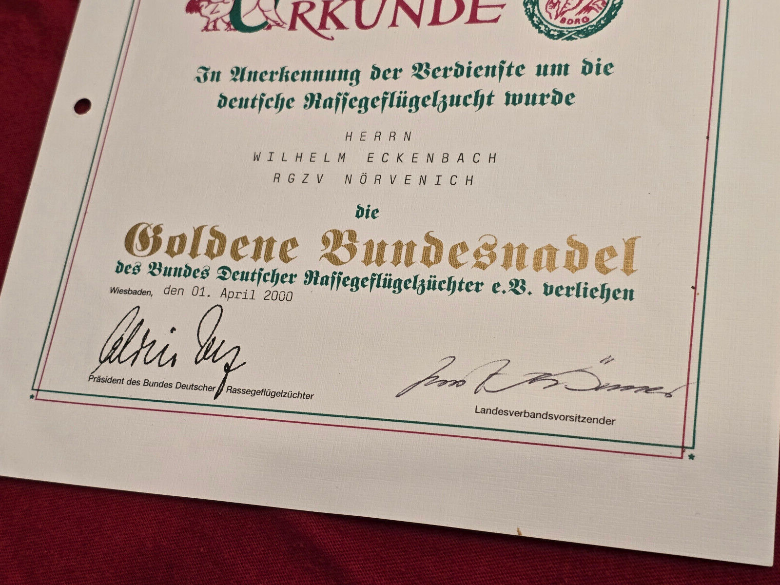 GERMAN URKUNDE FRANKFURT aM Poultry Chicken Farm Breeders award document