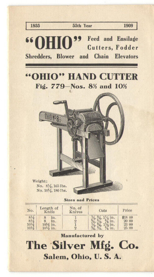 1909 OHIO FEED & ENSILAGE CUTTERS, FODDER SHREDDERS, BLOWER & ELEVATORS BROCHURE