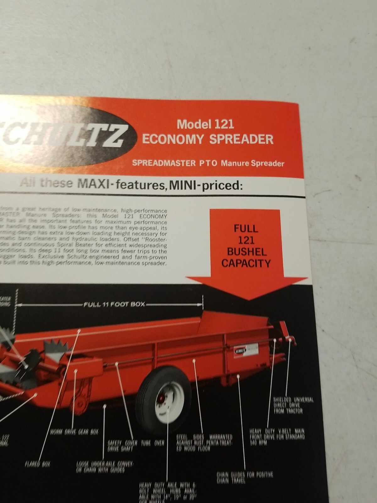 Vintage 1970 L.H. SCHULTZ Mfg Co GENERAL MANURE SPREADER Model 121 Spec Sheet