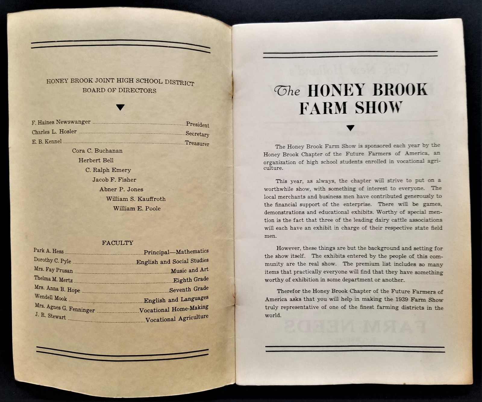 1939 HONEY BROOK FARM SHOW pa PROGRAM book original paper cover