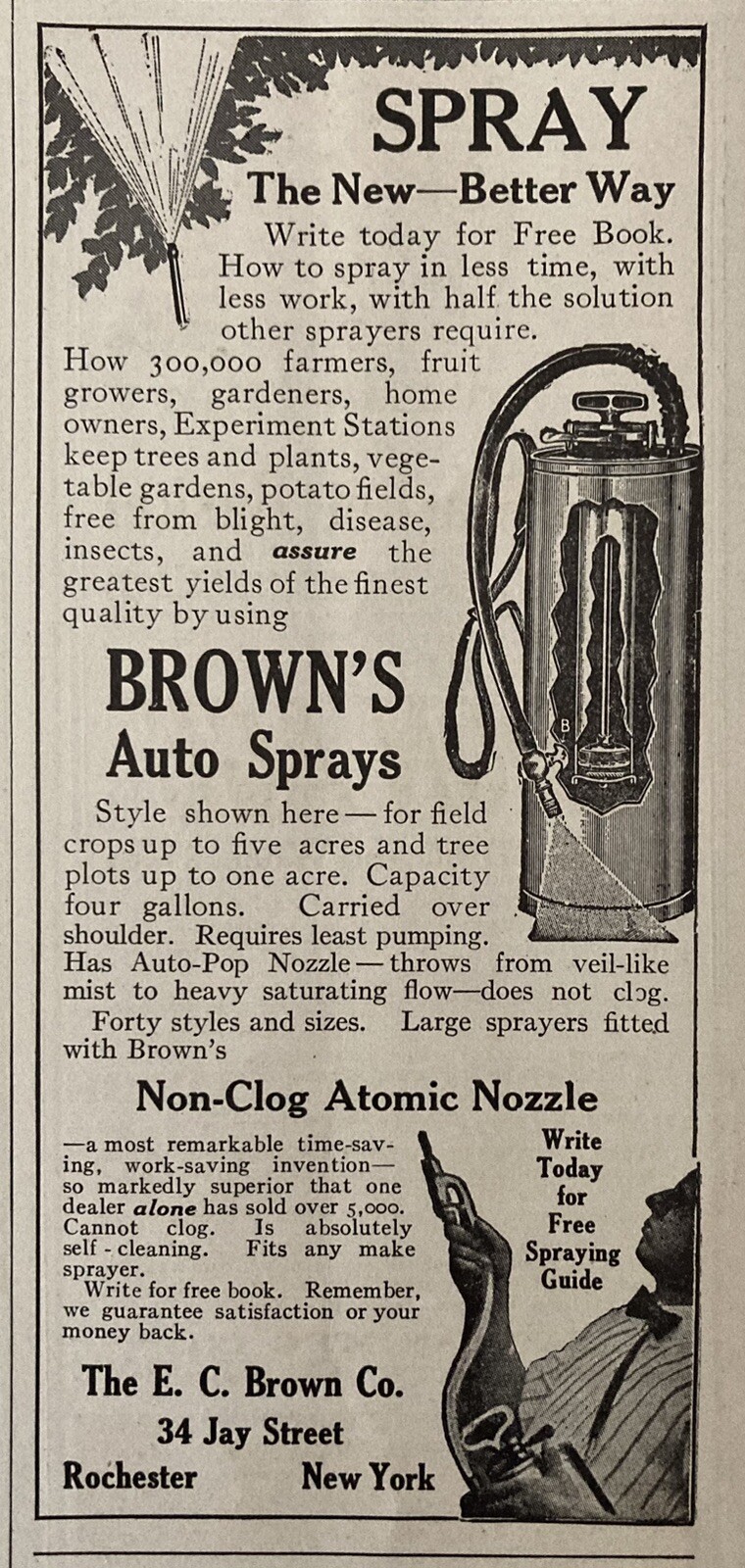 1914 AD.(XH69)~E.C. BROWN CO. ROCHESTER, NY. BROWN’S ORCHARD SPRAYERS