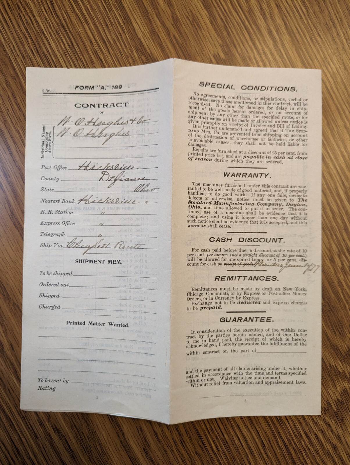THE STODDARD MGF. CO. DAYTON, OHIO. 1897. FARM IMPLEMENTS CONTRACT.