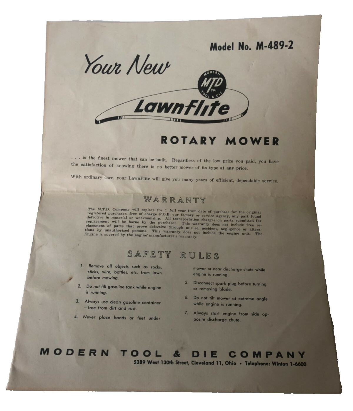 Vintage Lawn-Flite Brochure Model M-489-2 Warranty Safety Modern Tool Co. MTD