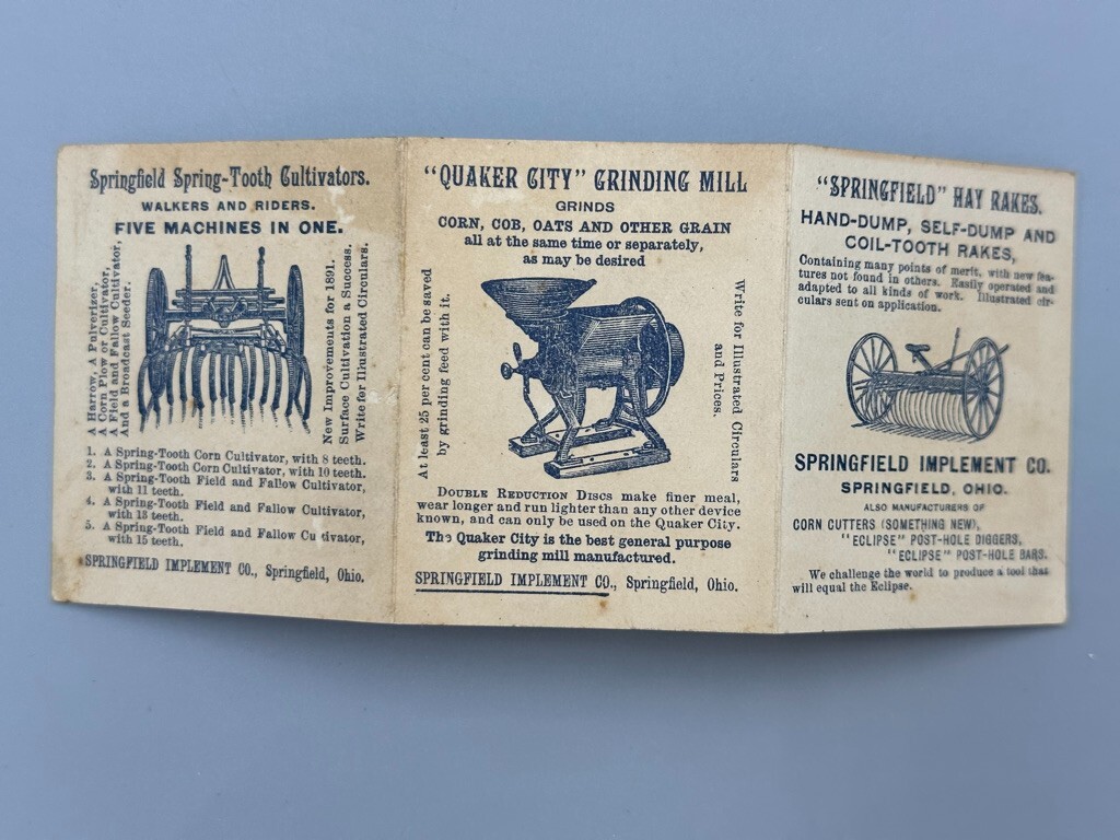 1890 SPRINGFIELD Ohio Implement FARM Advertising ECLIPSE Trade Card QUAKER CITY