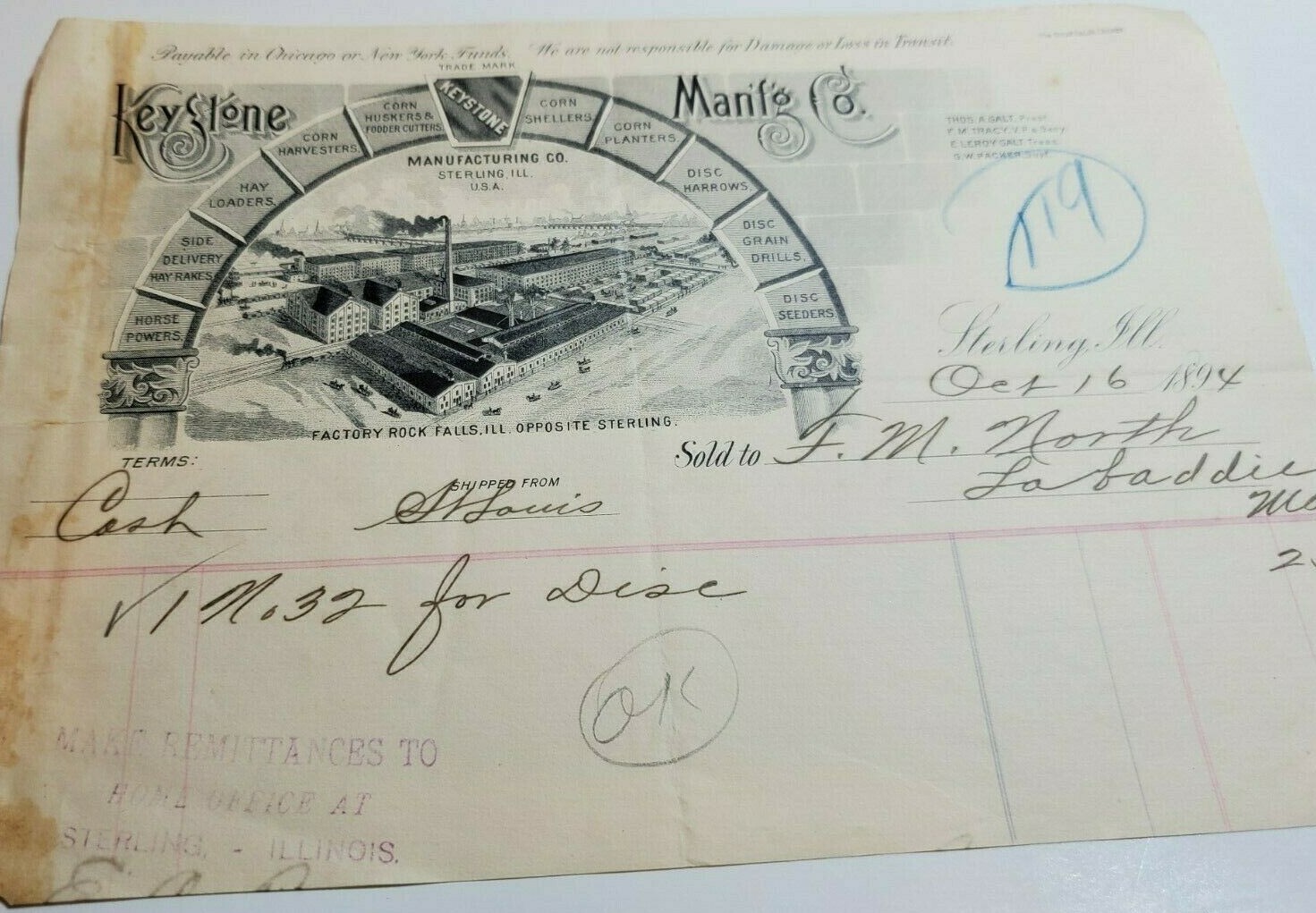 FARM IMPLEMENTS LETTERHEAD BILLHEAD 1894. KEYSTONE MANUFACTURING CO