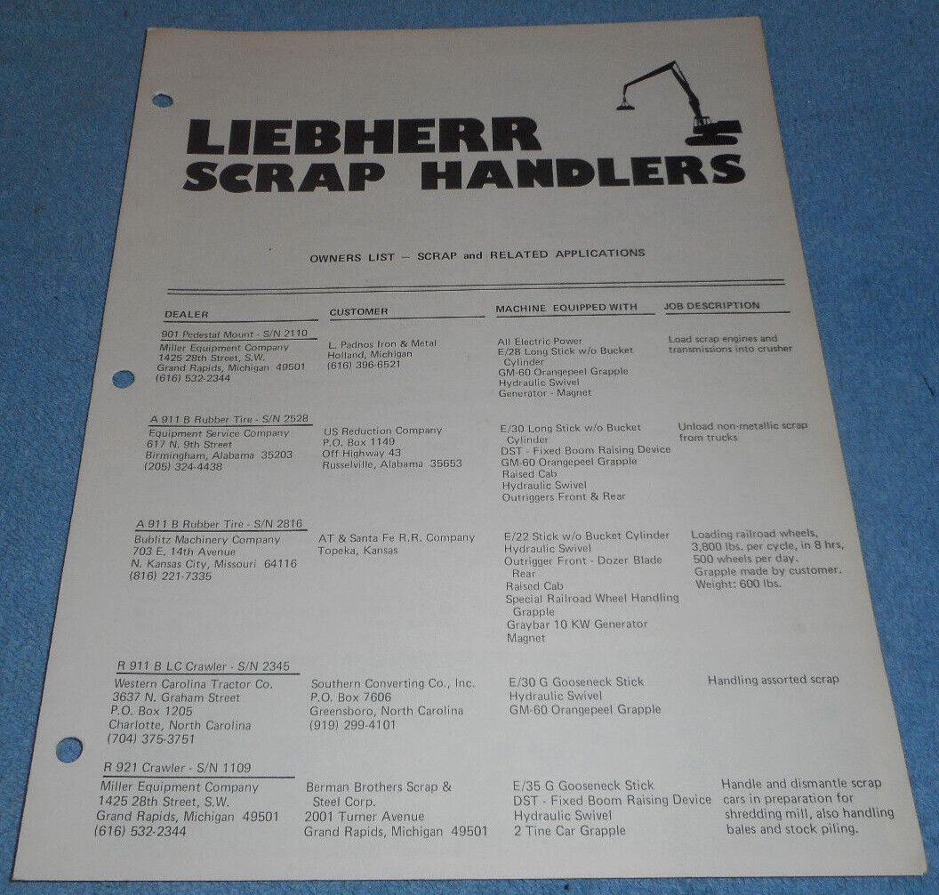 Vintage Liebherr Excavator Owners List Scrap Handlers & Related Applications