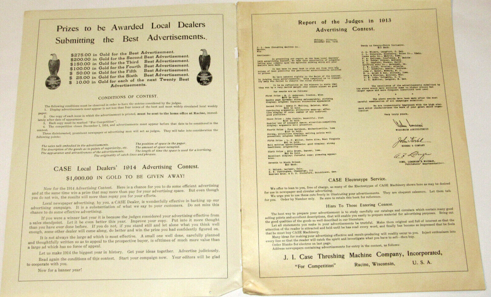 1914 JI CASE DEALER CONTEST BOOKLET! ELECTROTYPE CATALOG! TRACTORS/CARS/THRESHER