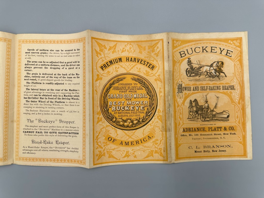 1873 BUCKEYE MOWER Adriance Platt FARM Advertising Trade Card Era MOUNT HOLLY NJ