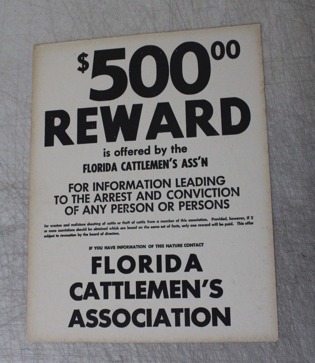 FLORIDA CATTLEMEN&rsquo;S ASSOCIATION SIGN $500.00 REWARD 10.5 X 13.5