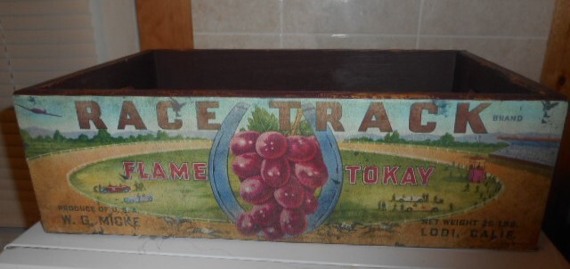 RARE! Vint. Wd. Fruit Crate 2-SIDE PAPER LABELS »RACE TRACK FLAME TOKAY,Lodi,CA. »
