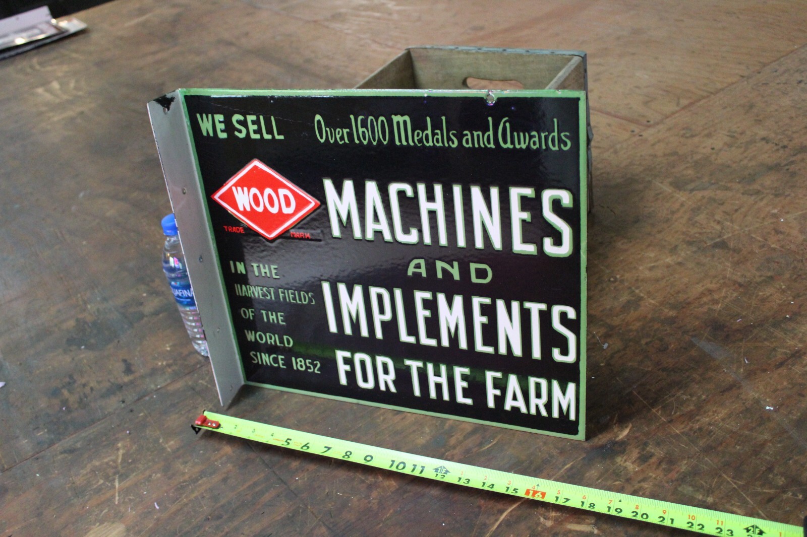 WOOD MACHINES AND IMPLEMENTS FARM DEALER 2-SIDED PORCELAIN METAL SIGN SEED FEED