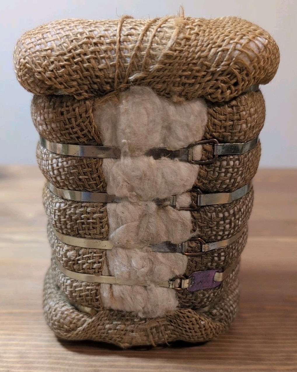 Vintage 6&Prime; Cotton Bale Wrapped In Burlap With Metal Bands Marked Prosper Coop