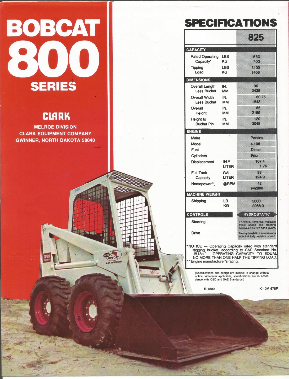 Original Bobcat 800 Series 825 Skid Steer Loader Sales Brochure Form K-10M 675F