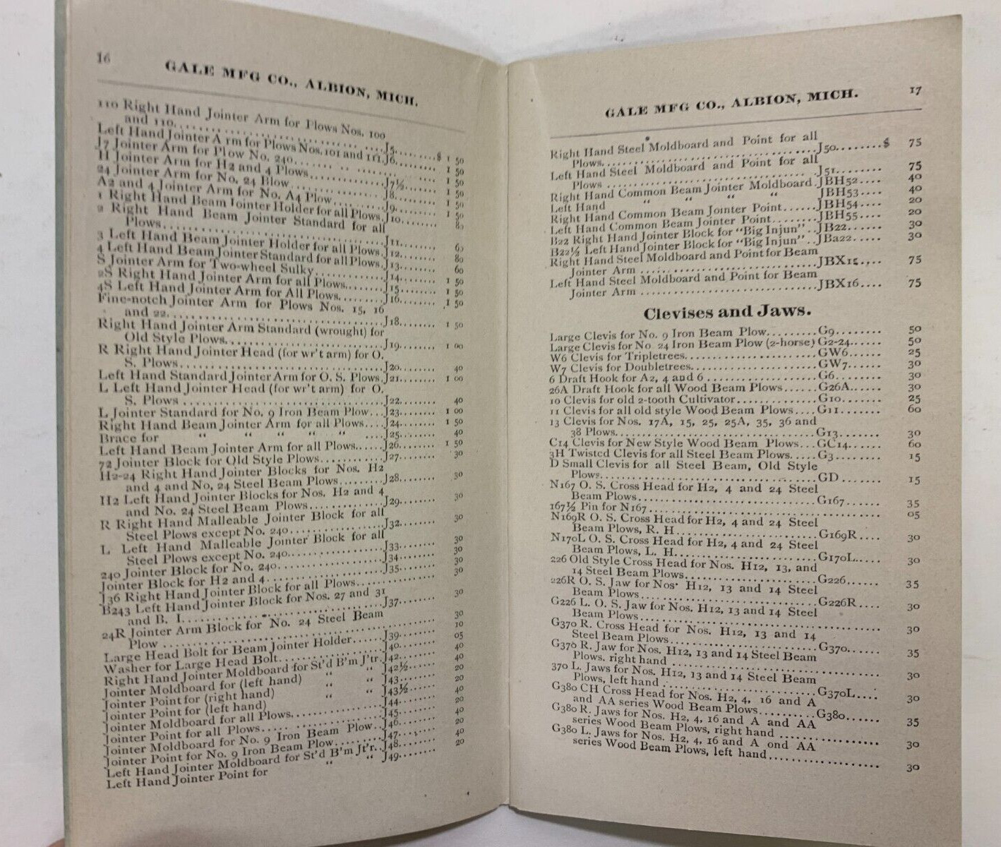 Price List GALE PLOWS Injun Series, Cultivators, Rades, Harrows. Albion, MI 1893