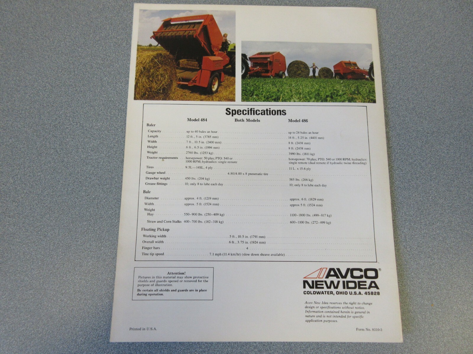 Avco New Idea 484 & 486 Round Balers Sales Brochure