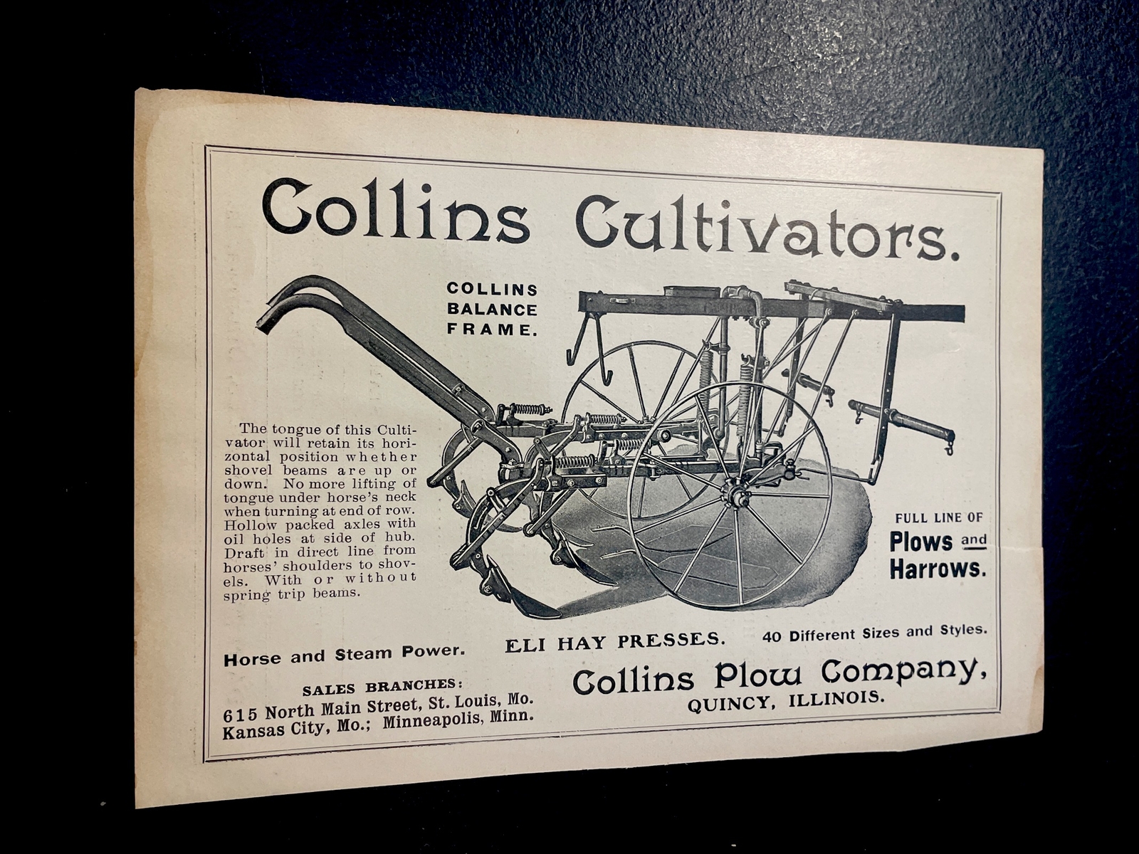 ORIGINAL 1907 Collins Cultivators Farm Advertising – Collins Plow Co. – Quincy