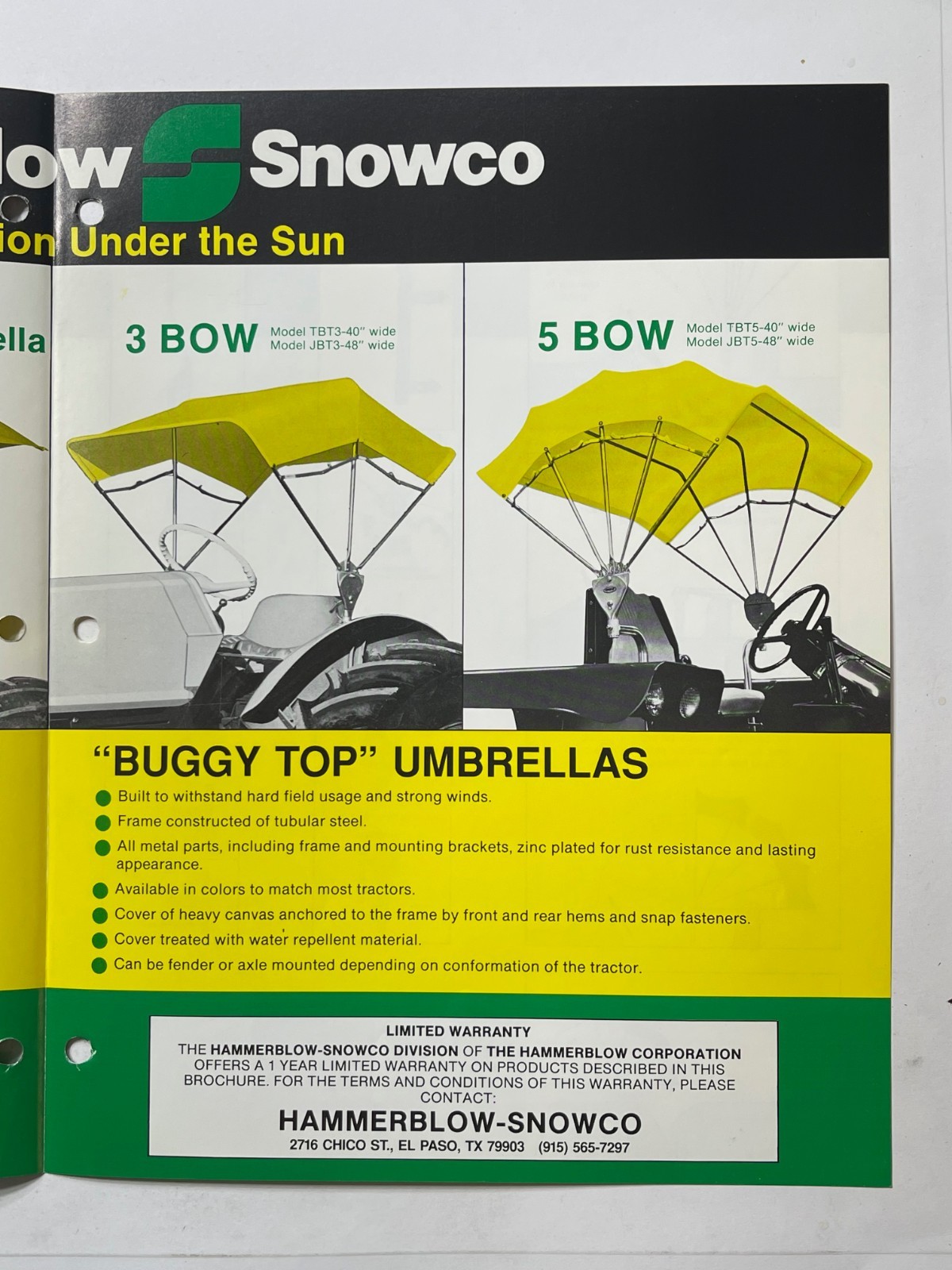 HammerBlow Snowco Umbrella Tractor Shade Sales Brochure *Sales Book* (1970s)