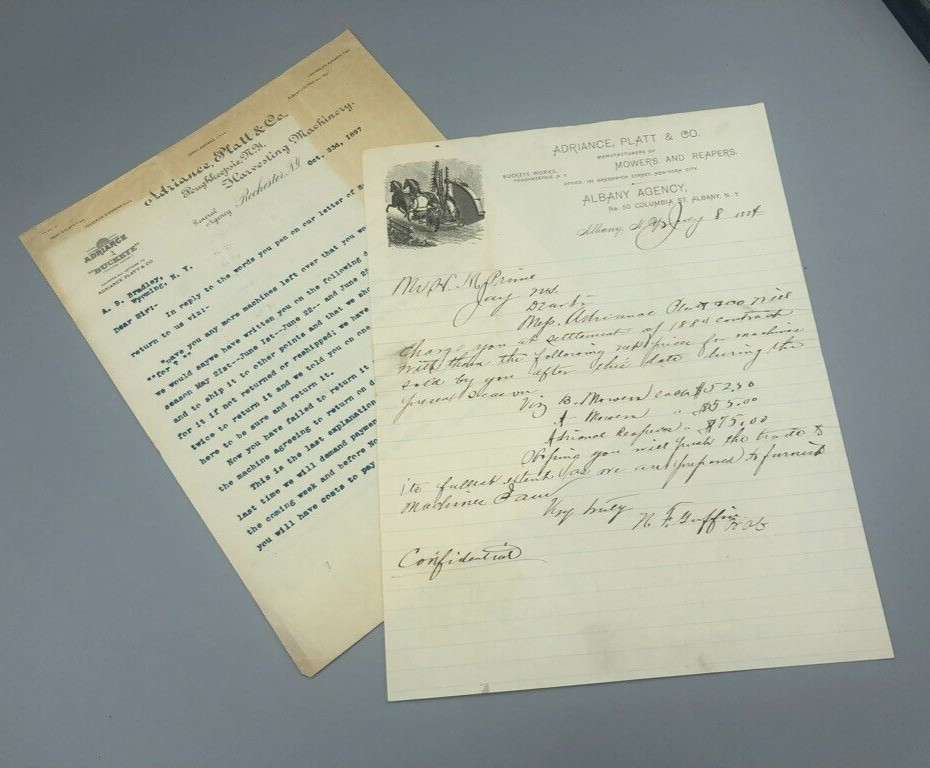 1884 & 1897 Adriance Platt BUCKEYE MOWER Reaper Letters Antique FARM Advertising