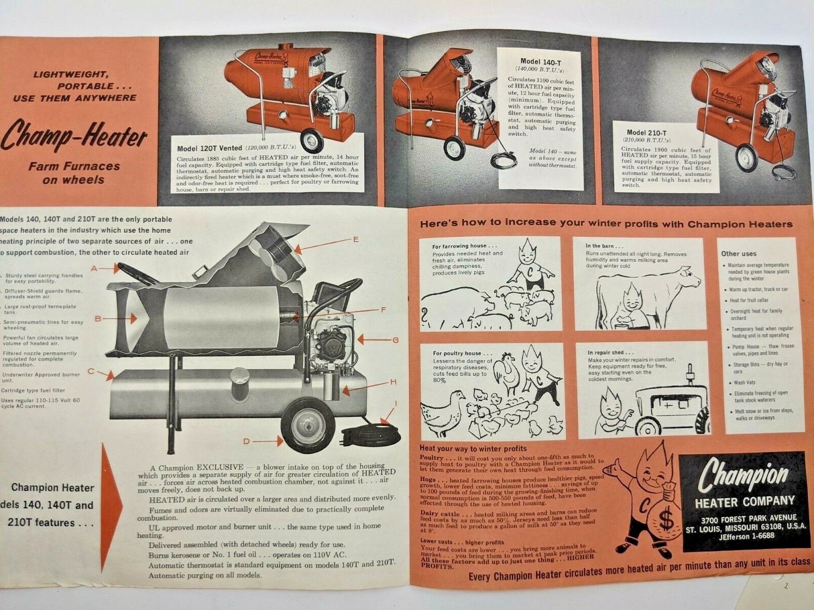 Champ-Heater VTG Brochure Advertisement 1967 St Louis MO Antique Farm Furnaces