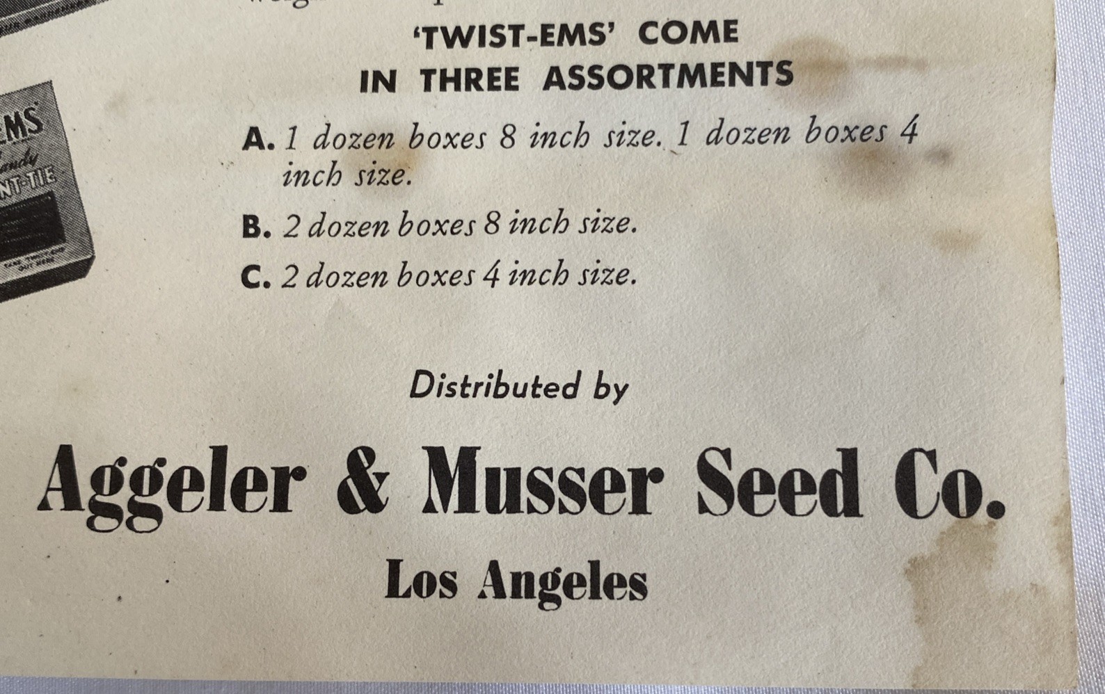 Aggeler Musser Twist-Ems Garden Ties Paper w/Wire Center Advertising Pamphlet US