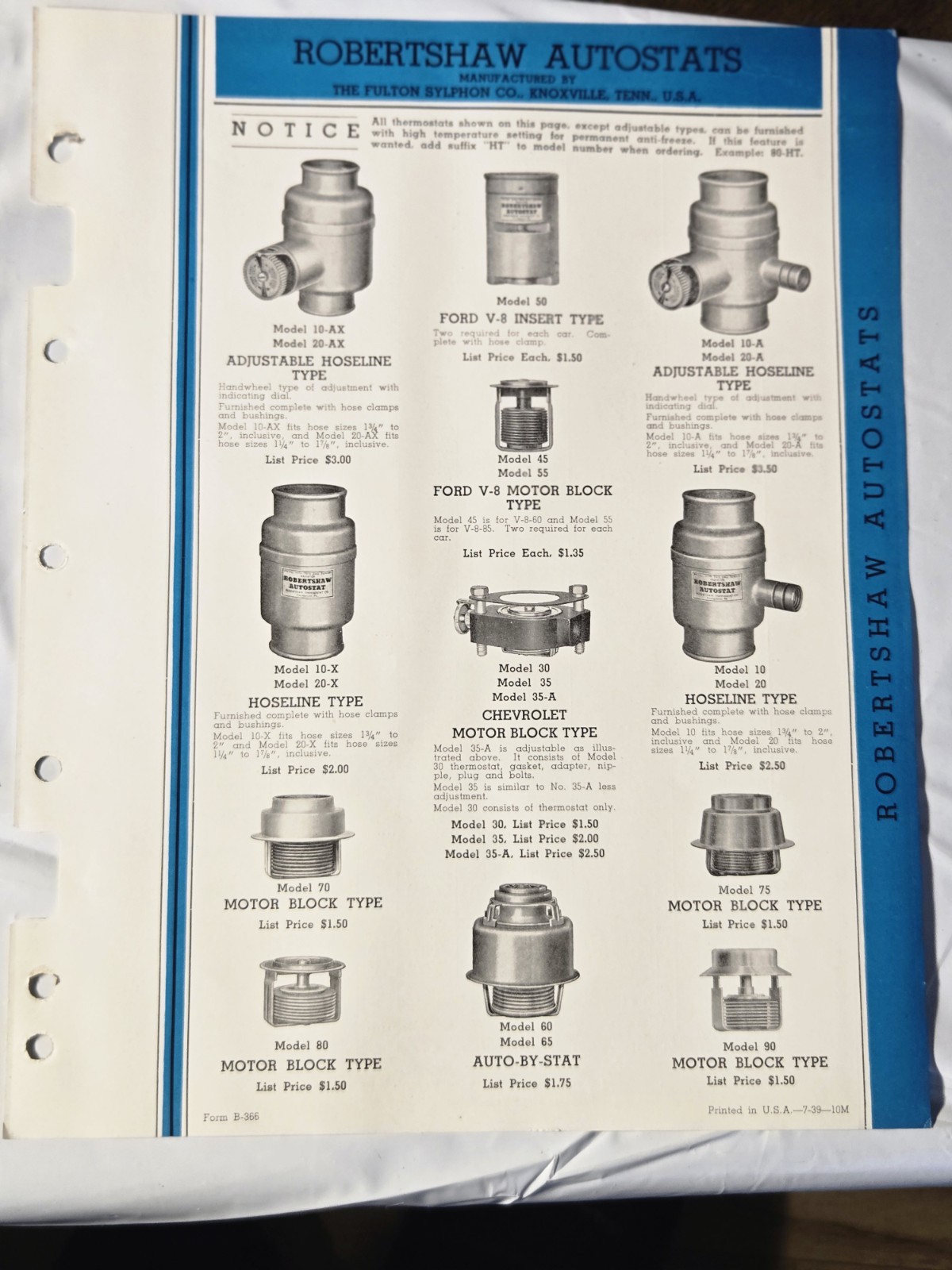 1939 ROBERTSHAW AUTOSTATS DOUBLE SIDED DEALER AD