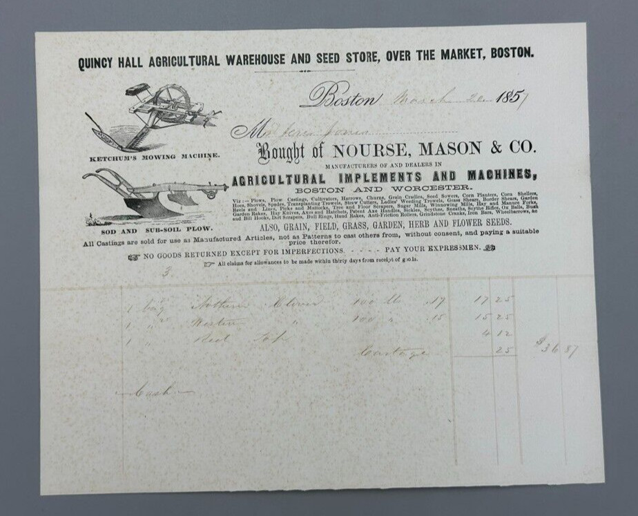 1857 QUINCY HALL AGRICULTURAL Warehouse FARM Machinery Advertise Billhead BOSTON