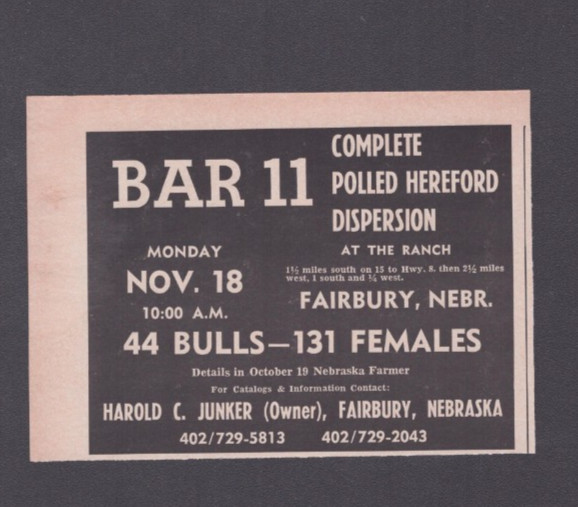 1974 Print Ad Bar 11 Complete Polled Hereford Harold C Junker Fairbury NE Sale