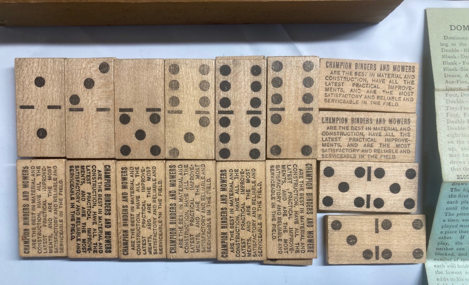 WARDER BUSHNELL & GLESSNER CHAMPION BINDER MOWER ADVERTISING PROMO DOMINOES SET