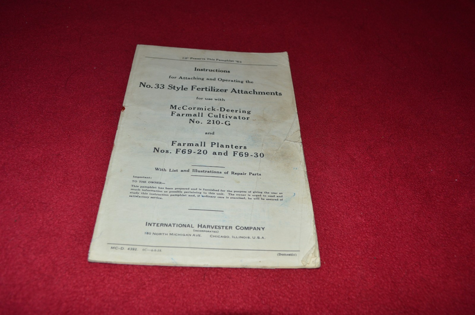 International Harvester 33 Fertilizer Attach 210-G Culti Operator&rsquo;s Manual GDSD
