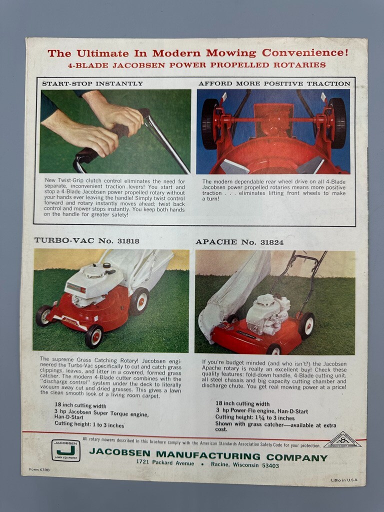 1967 JACOBSEN 4-Blade Rotary LAWN MOWER Advertising Brochure Vintage